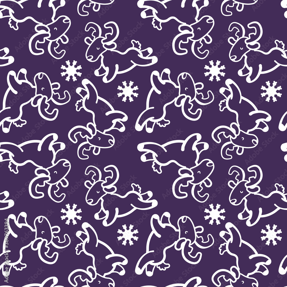 Deer and snowflake on violet backdrop. Christmas seamless pattern for wallpaper, wrap paper, sleeper, bath tile, apparel or bed linen. Phone case or cloth print. Flat style stock vector illustration Deer and snowflake on violet backdrop. Christmas seamless pattern for wallpaper, wrap paper, sleeper, bath tile, apparel or bed linen. Phone case or cloth print. Flat style stock vector illustration