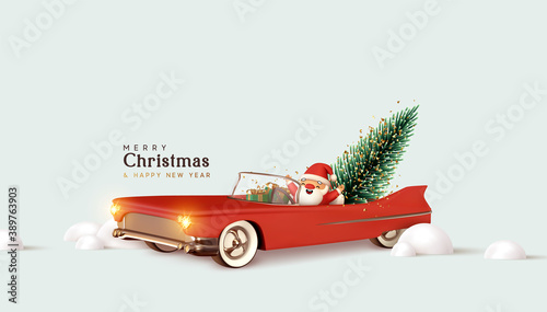 Merry christmas and Happy New Year. Santa Claus in red retro convertible car carries Christmas tree. Xmas 3d design, vintage banner, modern poster, holiday flyer, brochure. Winter vector illustration