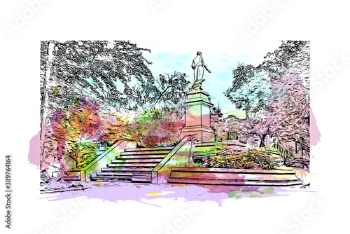 Building view with landmark of Cartagena is a port city on Colombia’s Caribbean coast. By the sea is the walled Old Town. Watercolor splash with hand drawn sketch illustration in vector.