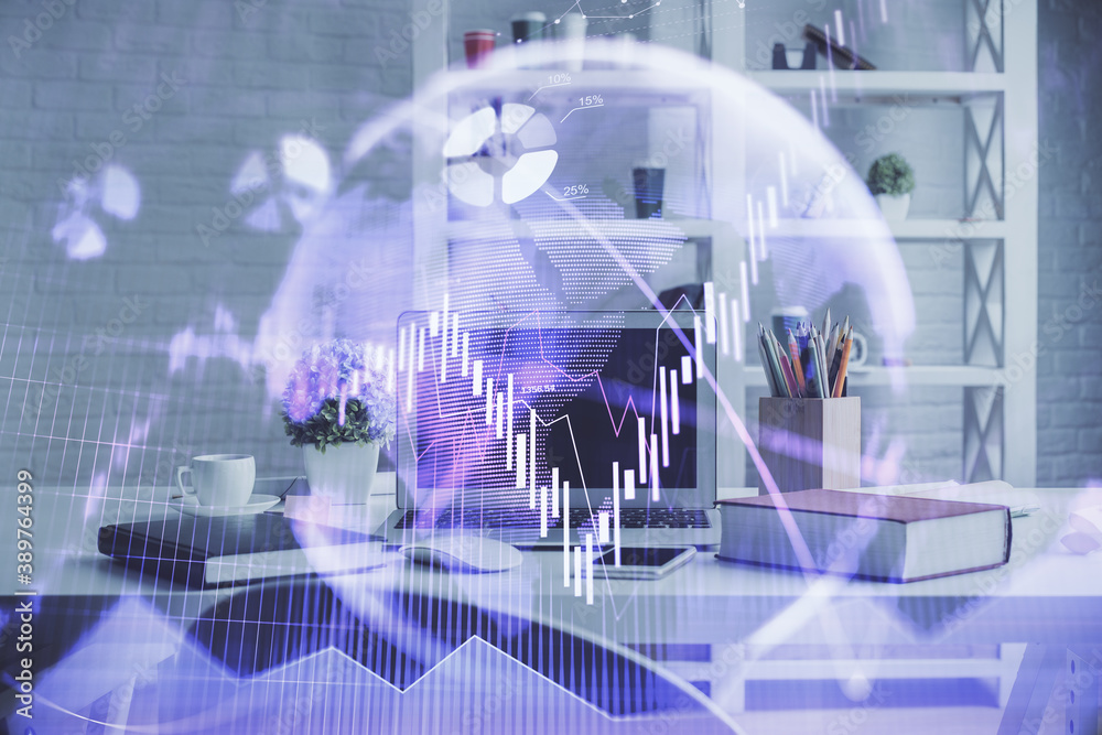 Double exposure of financial graph drawing and office interior background. Concept of stock market. Double exposure of financial graph drawing and office interior background. Concept of stock market.