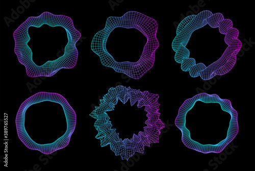 Distorted wired polygonal torus ring. black and white distorted wired polygonal torus technology equalizer concept. Vector illustration.