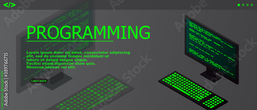 Programming or Software development web page template. Vector illustration with laptop isometric view and program code on screen. Programming concept. vector illustration