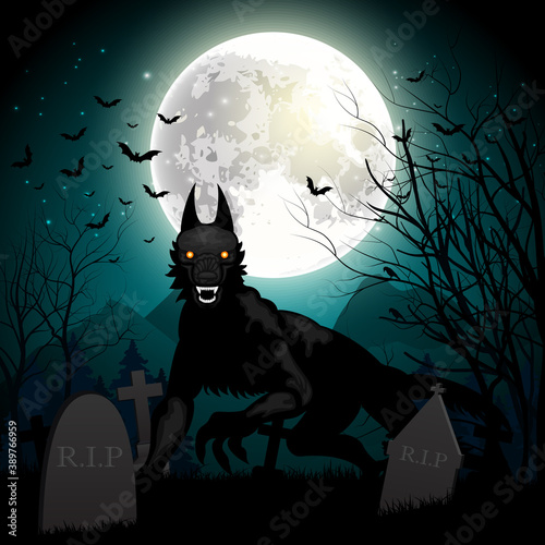 Halloween background with black wolf in graveyard