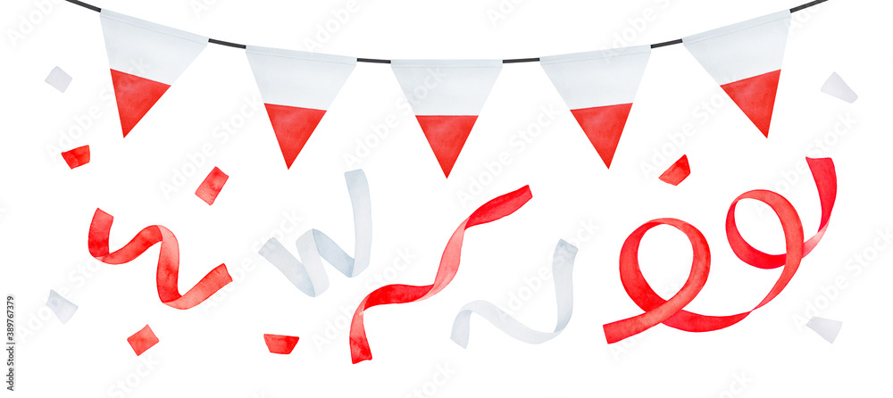Watercolor set of bright red and white garland with triangular flag and many flying confetti. Hand painted watercolour graphic illustration, cut out clipart element for design, banner, greeting card. Watercolor set of bright red and white garland with triangular flag and many flying confetti. Hand painted watercolour graphic illustration, cut out clipart element for design, banner, greeting card.
