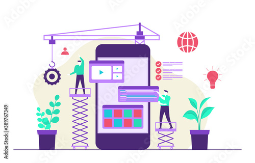 People Build Mobile App Development Process Flat Design Illustration