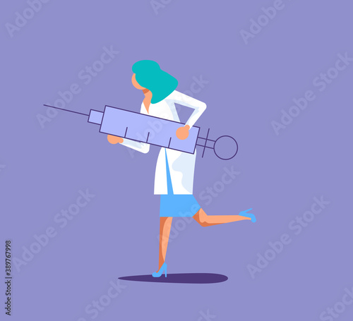 Female doctor with a huge syringe