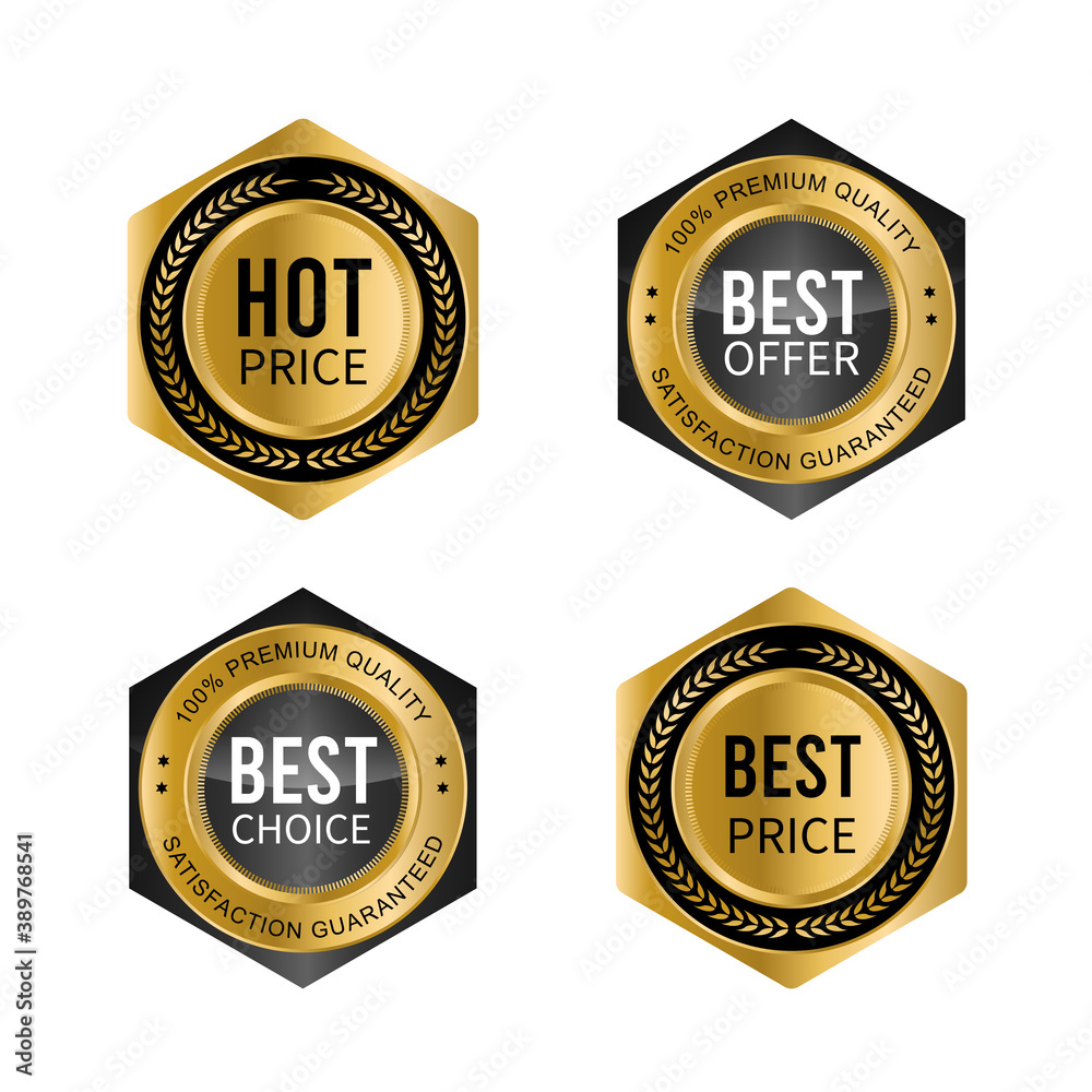 Golden badges and labels with golden ribbon vector collection .vector illustration