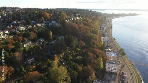 Aerial / drone footage of West Seattle, Alki beach, residential neighborhood by the Puget Sound in Seattle, King County, Washington, Pacific Northwest photo