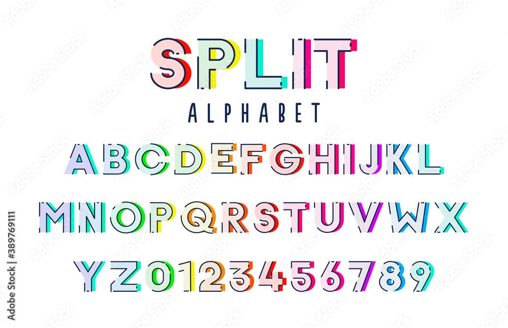 Colorful alphabet typeface vector set. Stylized expressive fun and cheerful font outlined with flat colors