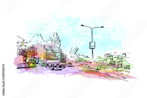 Building view with landmark of Chandigarh, the capital of the northern Indian states of Punjab and Haryana. Watercolor splash with hand drawn sketch illustration in vector.