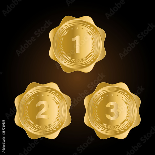 1st, 2nd, 3rd Sports awards three medals, gold isolated on a black background. vector illustration