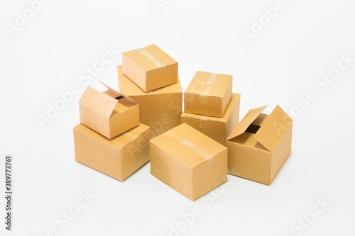 Many parcel boxes on white background  for online shopping concept