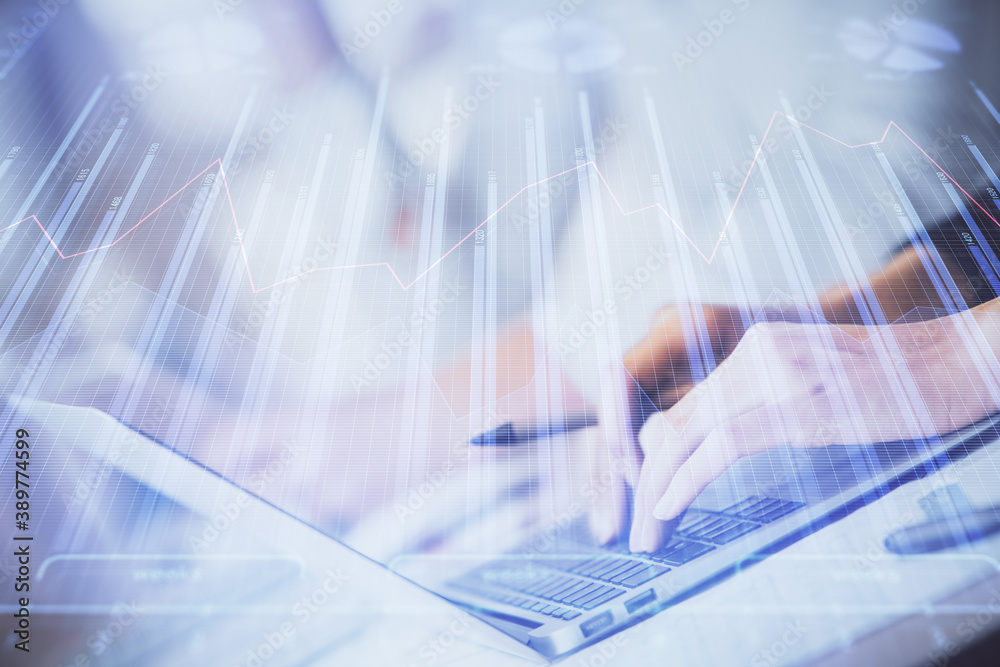 Double exposure of woman hands typing on computer and forex chart hologram drawing. Stock market invest concept. Double exposure of woman hands typing on computer and forex chart hologram drawing. Stock market invest concept.
