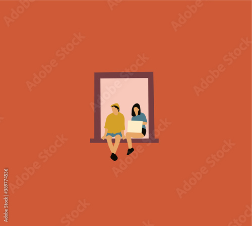 Couple sit in a window of her apartment and showing blank card board of a brick building during protest. Street demonstration vector concept. Illustration of placard protester, political revolution.