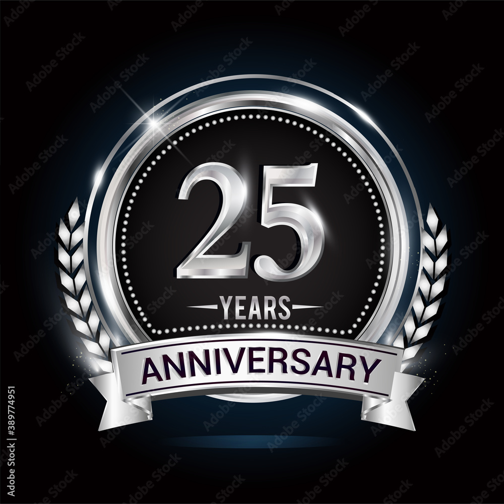 25th silver anniversary logo with laurel wreath, ribbon and silver ring. vector design