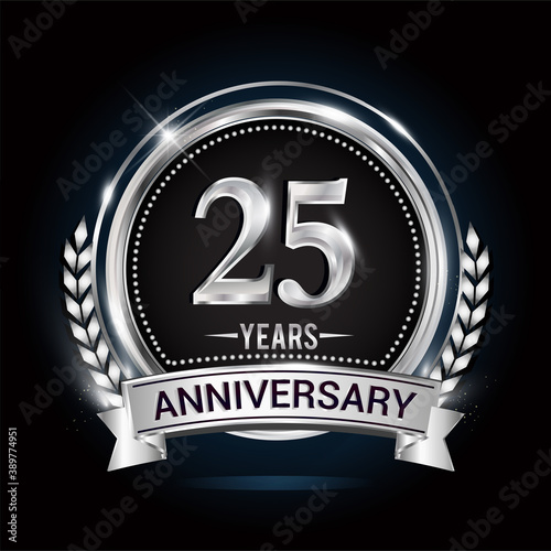 Obraz na płótnie 25th silver anniversary logo with laurel wreath, ribbon and silver ring. vector design w salonie
