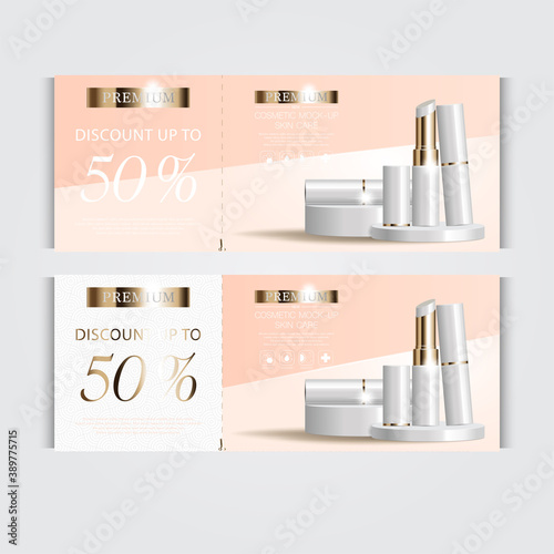 Gift voucher hydrating facial lipstick for annual sale or festival sale. white and gold lipstick mask bottle isolated on glitter particles background.