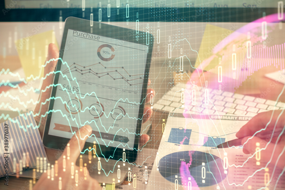 Multi exposure of man's hands holding and using a phone and financial chart drawing. Market analysis concept. Multi exposure of man's hands holding and using a phone and financial chart drawing. Market analysis concept.
