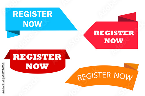 Vector set of red register now labels. Registration icons. Buttons for joining. Stock image. EPS10