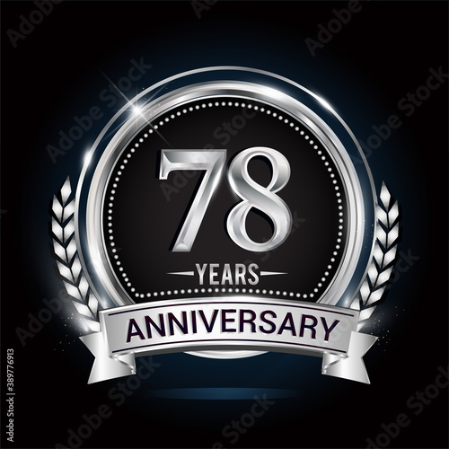 78th silver anniversary logo with laurel wreath, ribbon and silver ring. vector design
