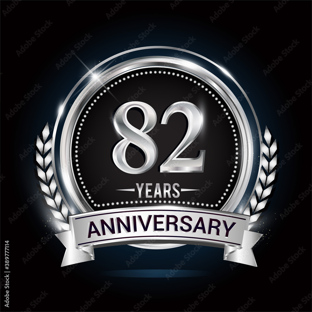 82nd silver anniversary logo with laurel wreath, ribbon and silver ring. vector design 82nd silver anniversary logo with laurel wreath, ribbon and silver ring. vector design