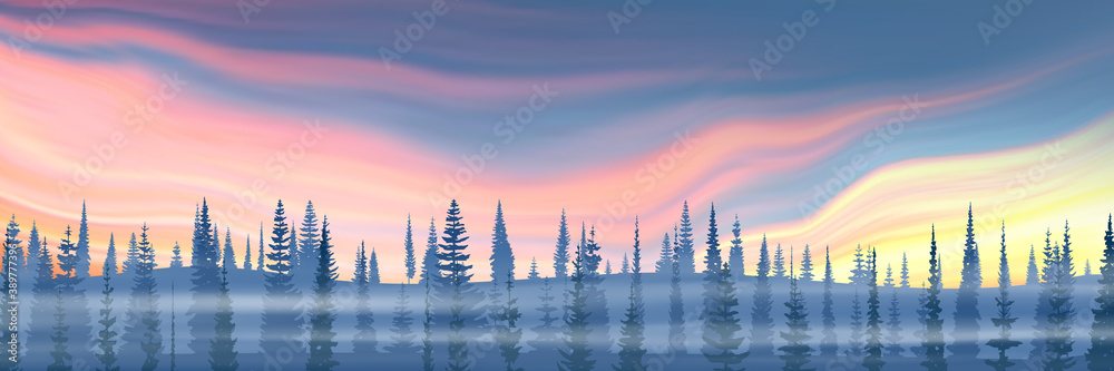 Fantasy on the theme of the winter landscape. Sunset sky, forest and fog. Vector illustration, EPS10