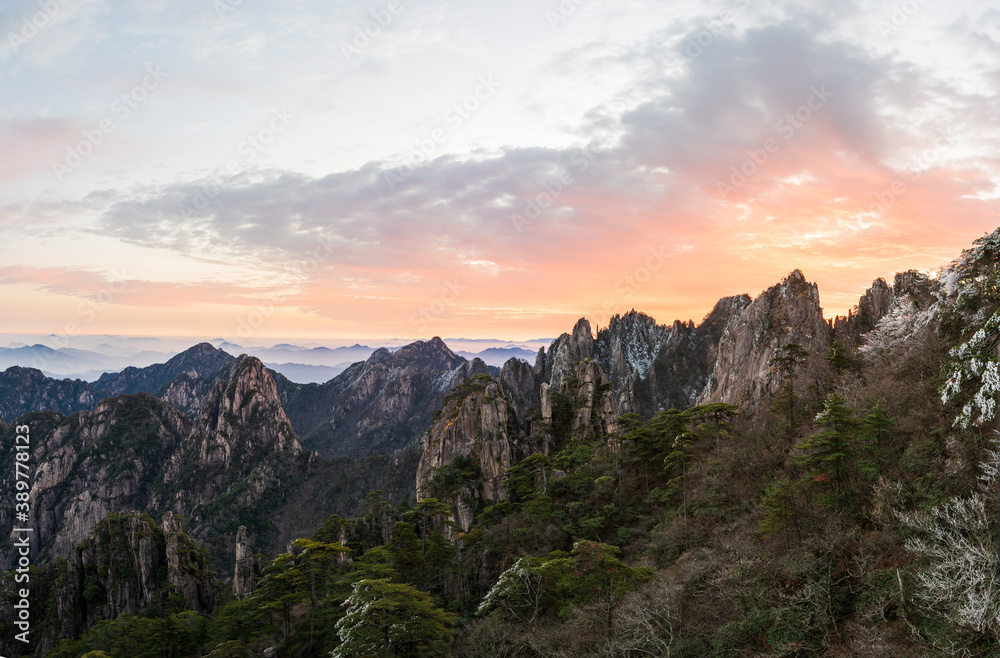 The sea of clouds and sunrise in the winter morning in the North Seascape of Huangshan Mountain, Anhui, China