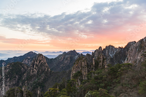 The sea of clouds and sunrise in the winter morning in the North Seascape of Huangshan Mountain, Anhui, China