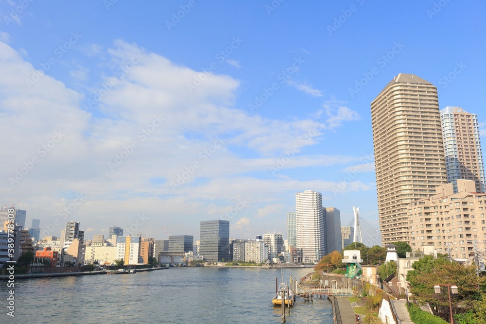 Obraz premium 佃島高層マンションと隅田川