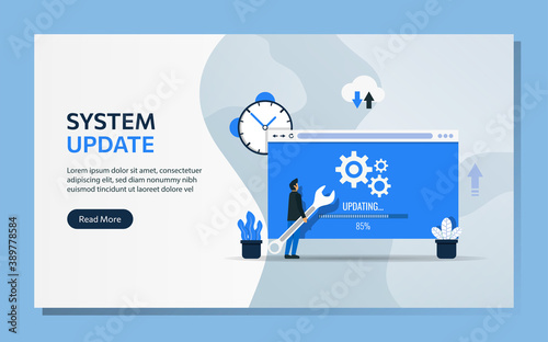Landing page template of system update concept. Man character uses wrench to upgrade software vector illustration. photo