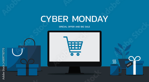 Cyber Monday online promotion sale web banner concept on computer screen with shopping bags, gift boxes, and shopping cart icon, Seasonal e-commerce, vector illustration