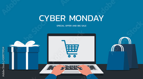 Cyber Monday online sale web banner concept with Human hand using laptop with shopping cart icon on screen, vector illustration