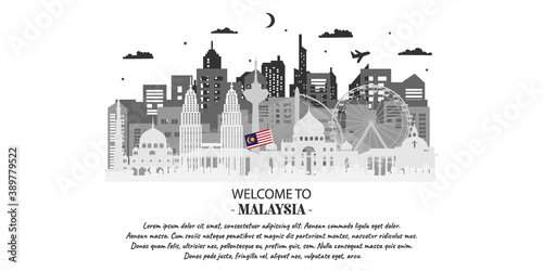 Malaysia Travel Ticket Postcard, poster, tour advertising of world-famous landmarks of Malaysia. Vector illustration.