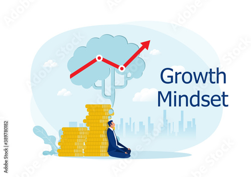 businessman meditate under big brain with thinking growth mindset to business profit creative concept flat design vector illustrator