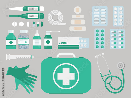  First aid kit box with medical equipment and medicines on a blue background top view. Flat style. Vector stock illustration for design. Hospital and patient diagnosis. Elements for infographics.