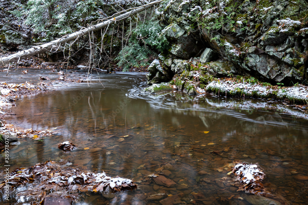 Stream in the winter forest. Winter wonderland at Union Mine Trail, Porcupine Mountains Wilderness State Park in Michigan Stream in the winter forest. Winter wonderland at Union Mine Trail, Porcupine Mountains Wilderness State Park in Michigan