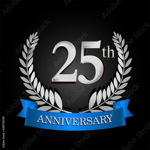 25th anniversary logo with blue ribbon and laurel wreath, vector template for birthday celebration.