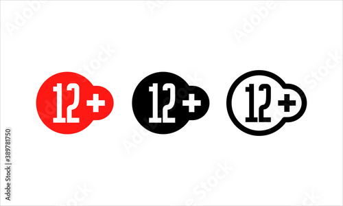 Age restriction sign. 12 plus years old sign. Twelve plus symbol. Teenagers content icon. Cinema label, red round badge. Vector EPS 10. Isolated on white background