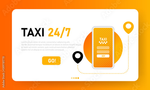 Online taxi 24 7 landing page. City transportation service mobile app. Online taxi 24 7 service concept. Design of banner, ui web layout. Flat illustration. Landing page template