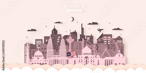 Malaysia Travel Ticket Postcard, poster, tour advertising of world-famous landmarks of Malaysia. Vector illustration.