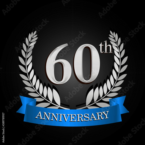 60th anniversary logo with blue ribbon and laurel wreath, vector template for birthday celebration.