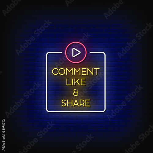 Comment Like and Share Neon Signs Style Text Vector