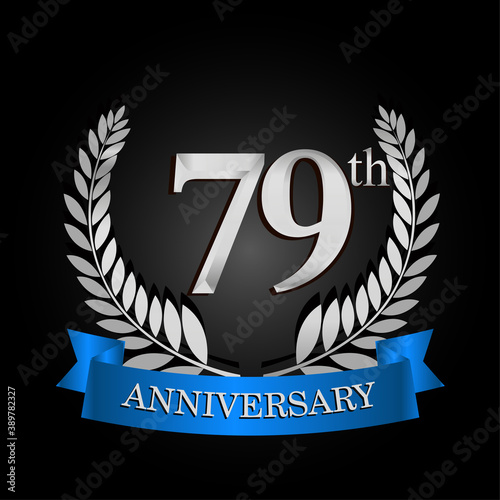 79th anniversary logo with blue ribbon and laurel wreath, vector template for birthday celebration.