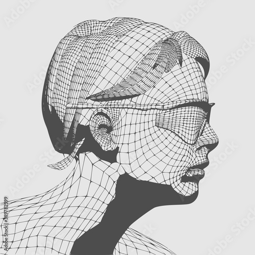 Head of the person from a 3d grid. Human head wire model. 3D geometric face design. Polygonal covering skin.
