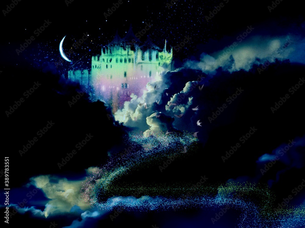 Obraz premium European beautiful castle behinds clouds in the night 