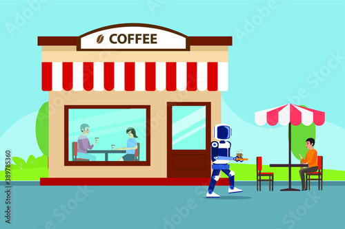 Artificial intelligence robot vector concept: Robot replace human to work as a waitress in coffee shop