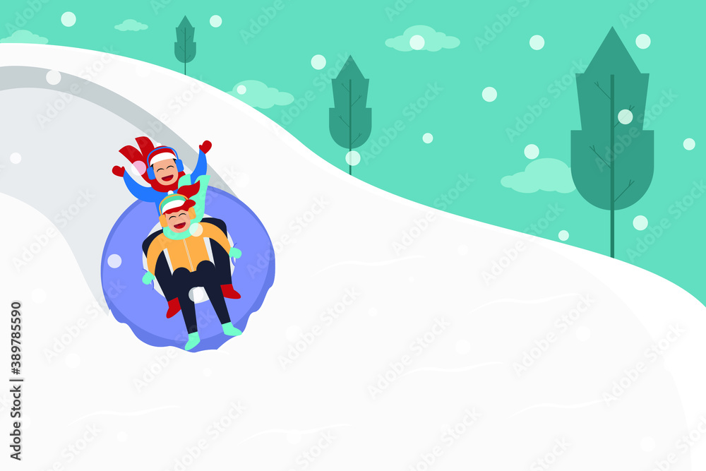 Winter vector concept: Cheerful kids sliding with rubber tubing down snow hill in winter