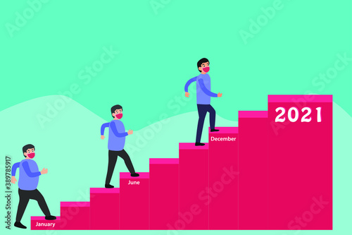 Diet resolution vector concept: Overweight man in face mask climbing stairs for weight loss toward the top stair with number 2021