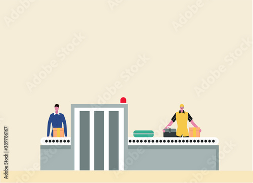 International Customs Day vector concept: Customs officer checking passenger cargo and baggage with a scanning machine in the airport or harbor terminal