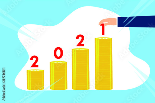 Business growth vector concept: Hand putting number 2021 on the graph shaped money coin